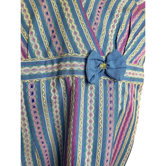 Vintage Retro Blue Quilted Striped Bow Dress with Cut Out Sleeve Small / Medium - Picture 3 of 11